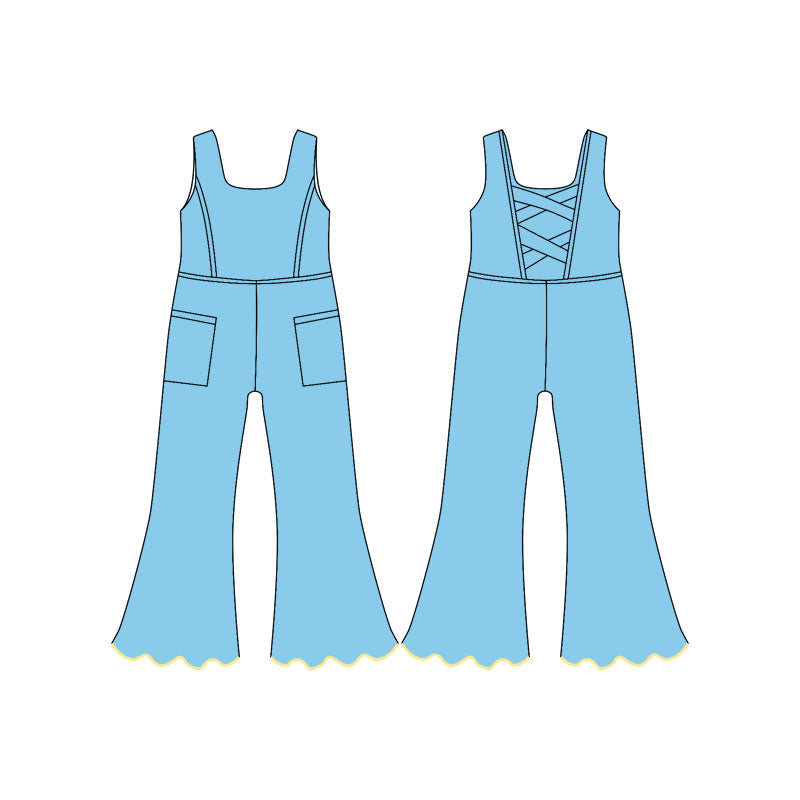 11.21 SR3602 Pre order No Moq Yoga fabric Baby Girls Blue Sleeveless Pockets Flare Pants Yoga Jumpsuits