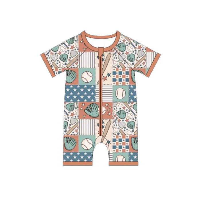 11.21 SR3615 Pre Order No moq Baby Boys Short Sleeve Baseballs Stars Checked Team Zipper Rompers