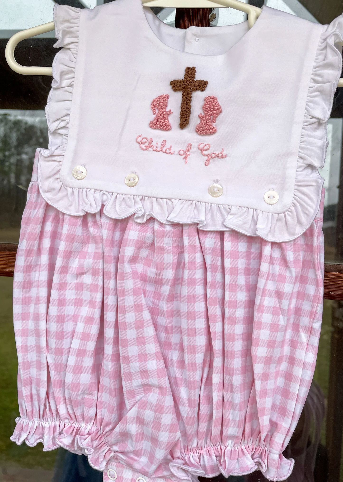 11.21 SR3620 Pre Order No moq Baby Girls Pink Sleeveless Crosses Child of God Easter Ruffle Rompers