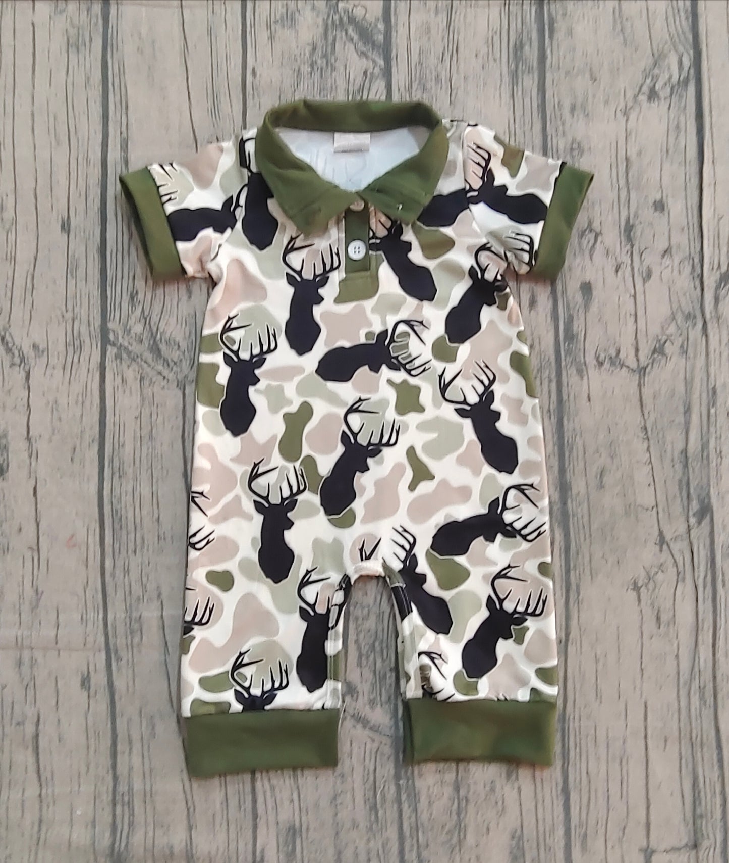 12.8 SR3636 Sample No Moq Baby Boys Deer Camo Hunting Button Footie Rompers