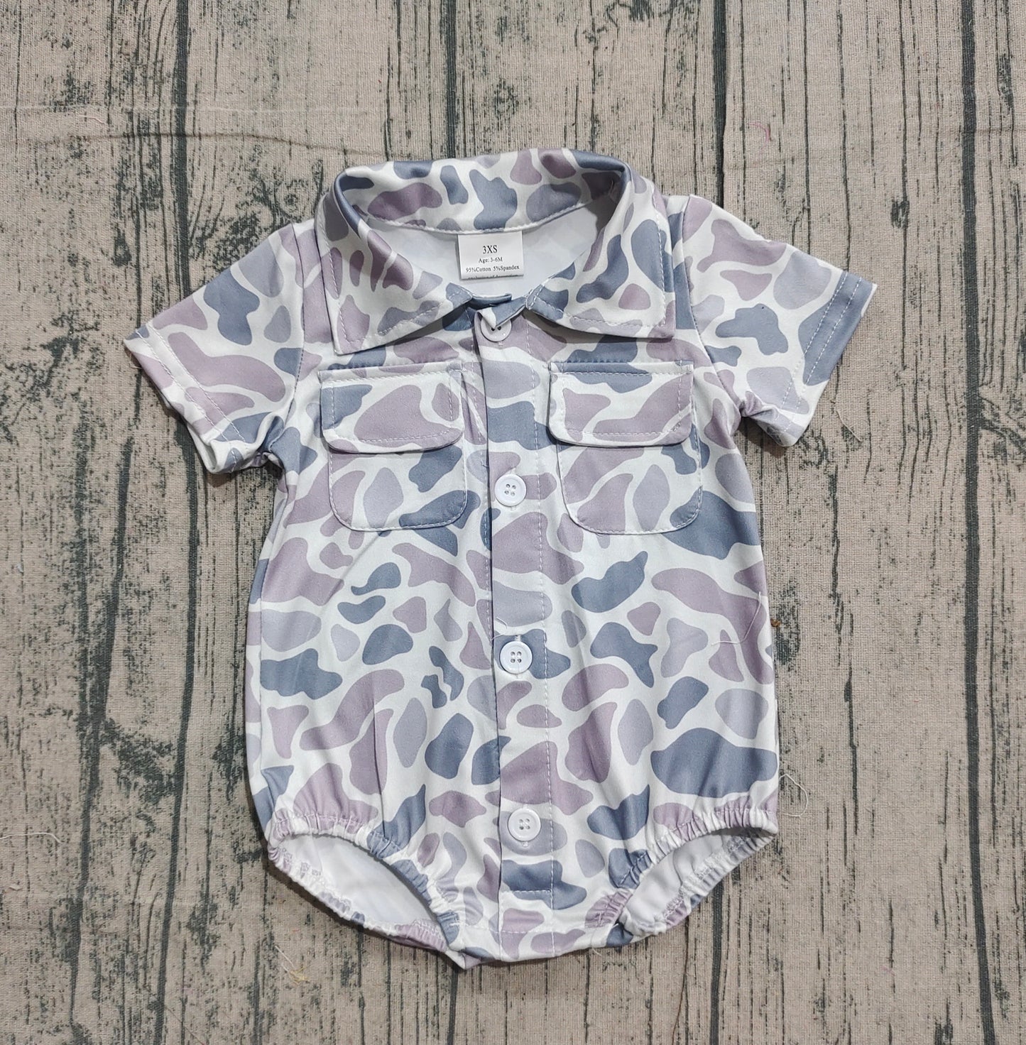 12.3 SR3654 Sample No Moq Baby Boys Southern Light Grey Camo Button Pockets Rompers