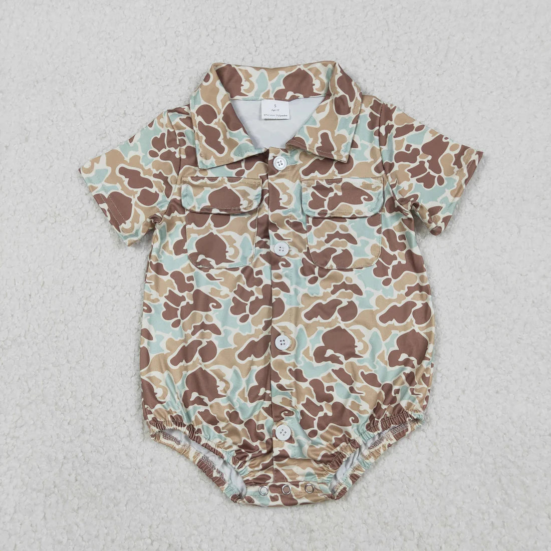 12.17 RTS Sibling Baby Boys Southern Camo Button Pockets Hunting Rompers