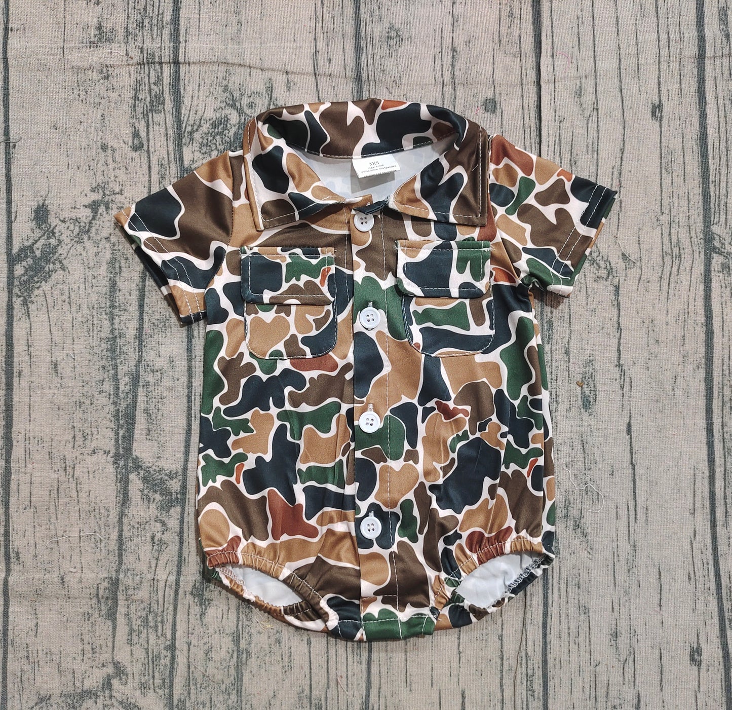 12.3 SR3656 Sample No Moq Baby Boys Southern Dark Brown Camo Button Pockets Rompers