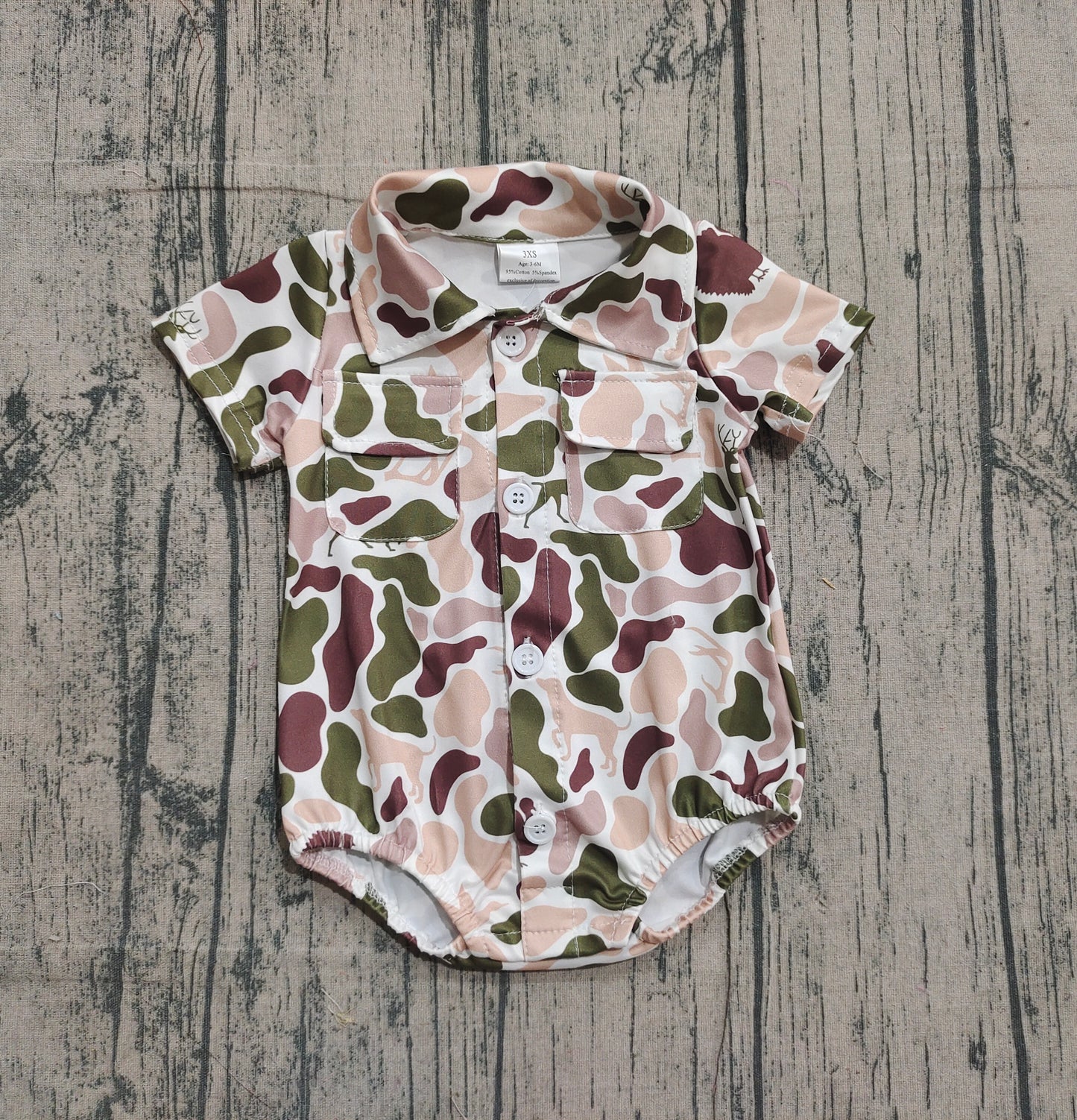 12.3 SR3657 Sample No Moq Baby Boys Southern Dogs Ducks Deer Camo Button Pockets Rompers