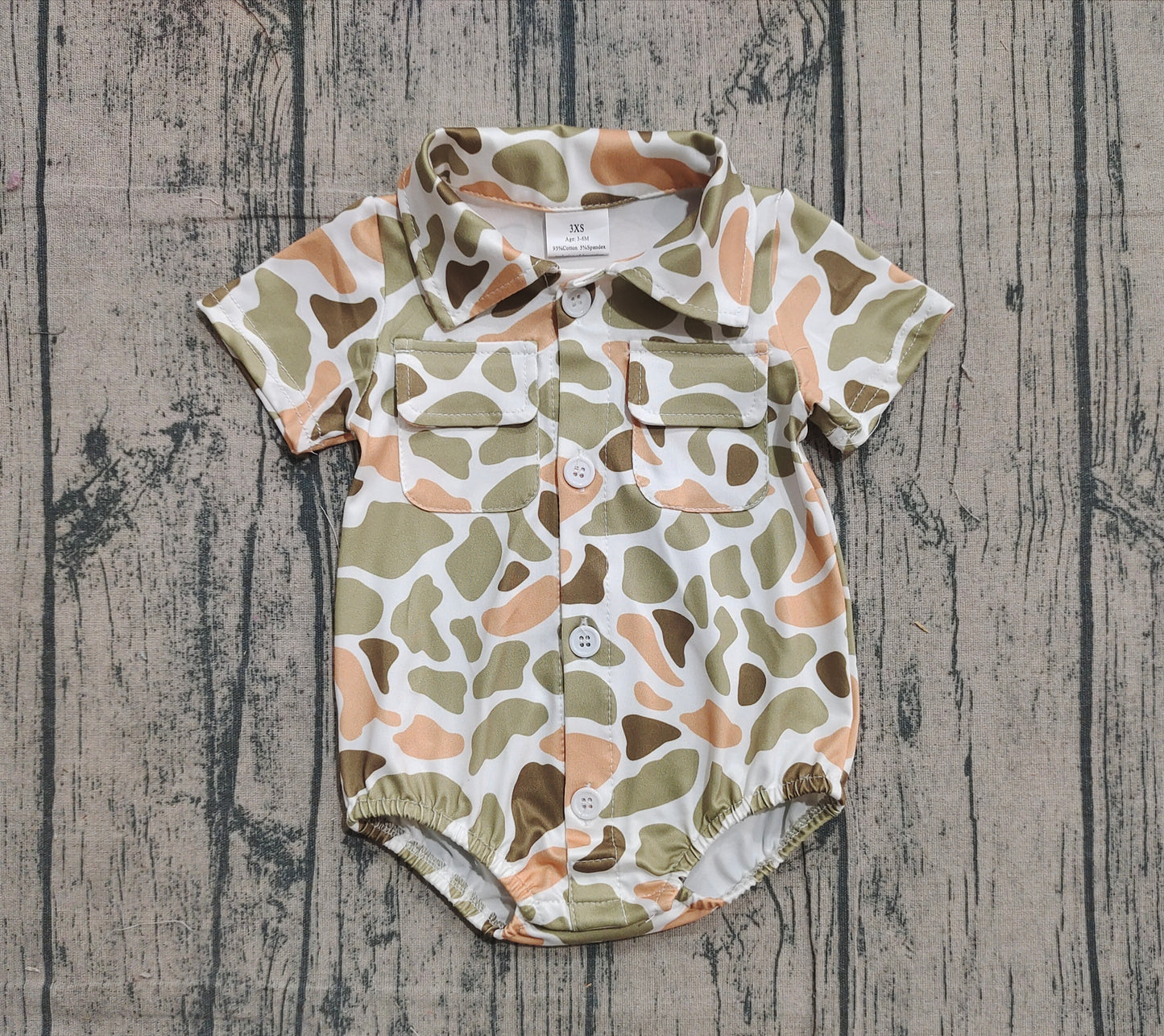 12.3 SR3658 Sample No Moq Baby Boys Southern Orange Camo Button Pockets Rompers