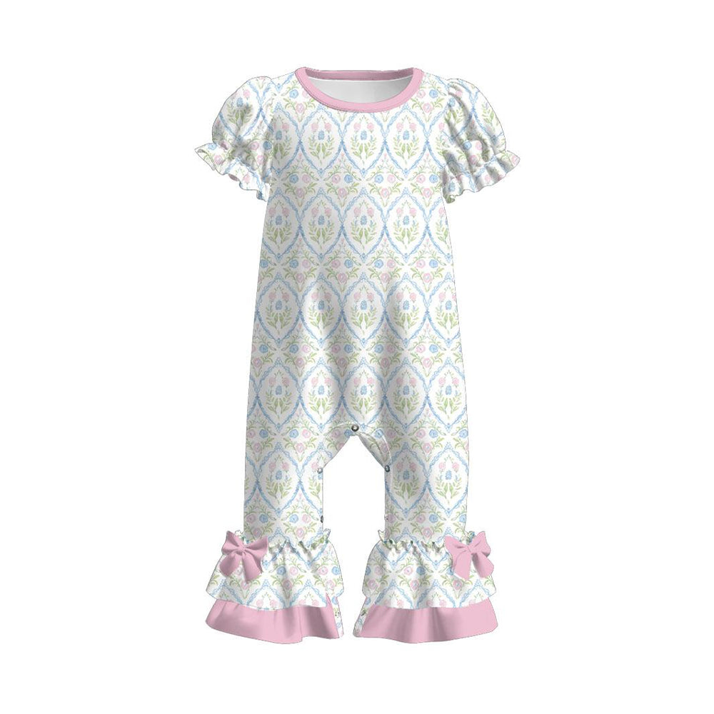 11.26 SR3685 Pre Order No moq Baby Girls Flowers Checked Ruffle Footie Rompers