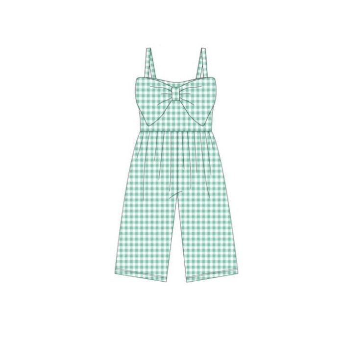 11.27 RTS NO MOQ (In stock)SR3696 Baby Girls Aqua Checked Strap Bows Pant Jumpsuits