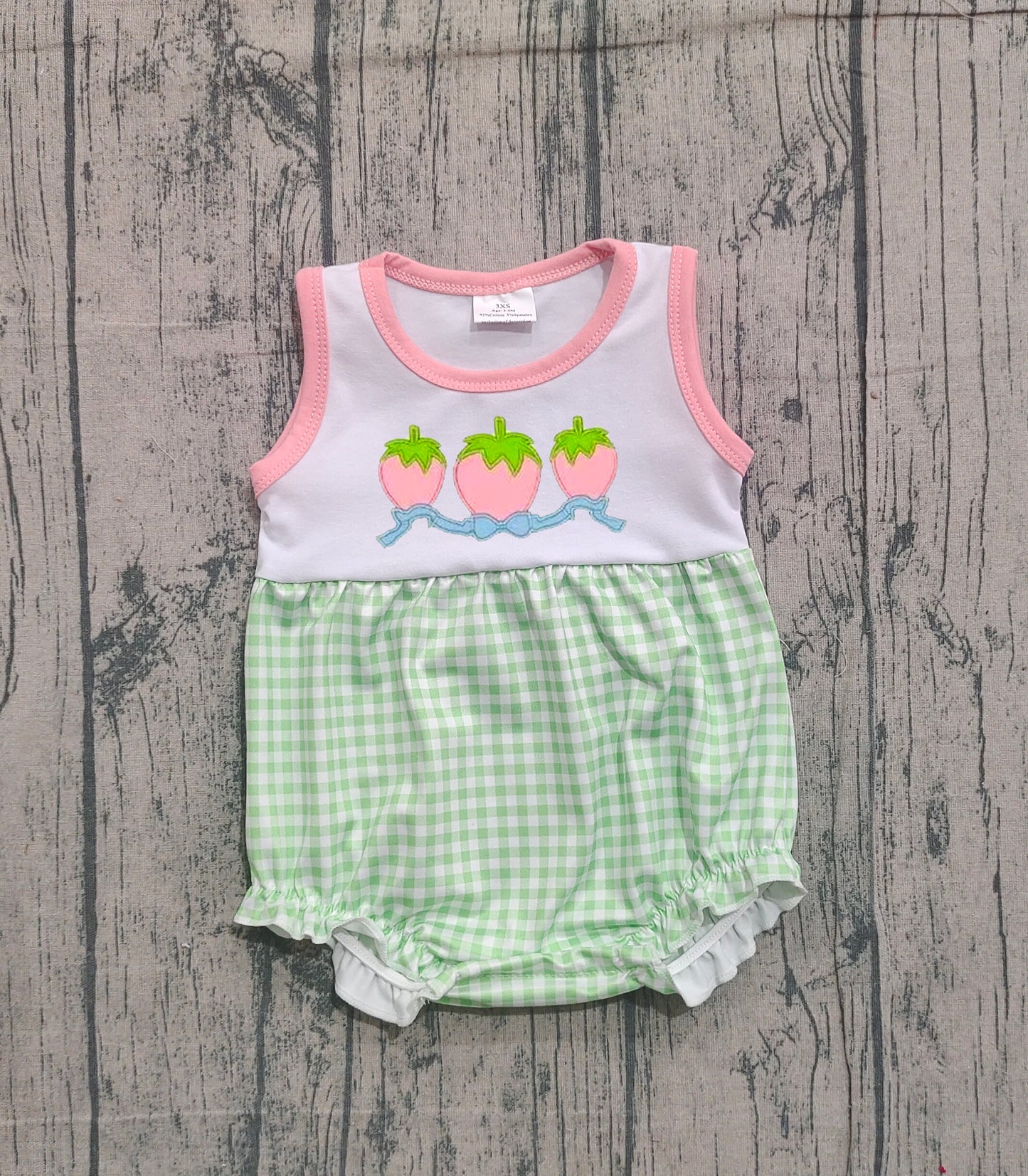 12.8 SR3725 Sample No Moq Embroidery Bows Strawberry Baby Girls Sleeveless Checked Ruffle Rompers