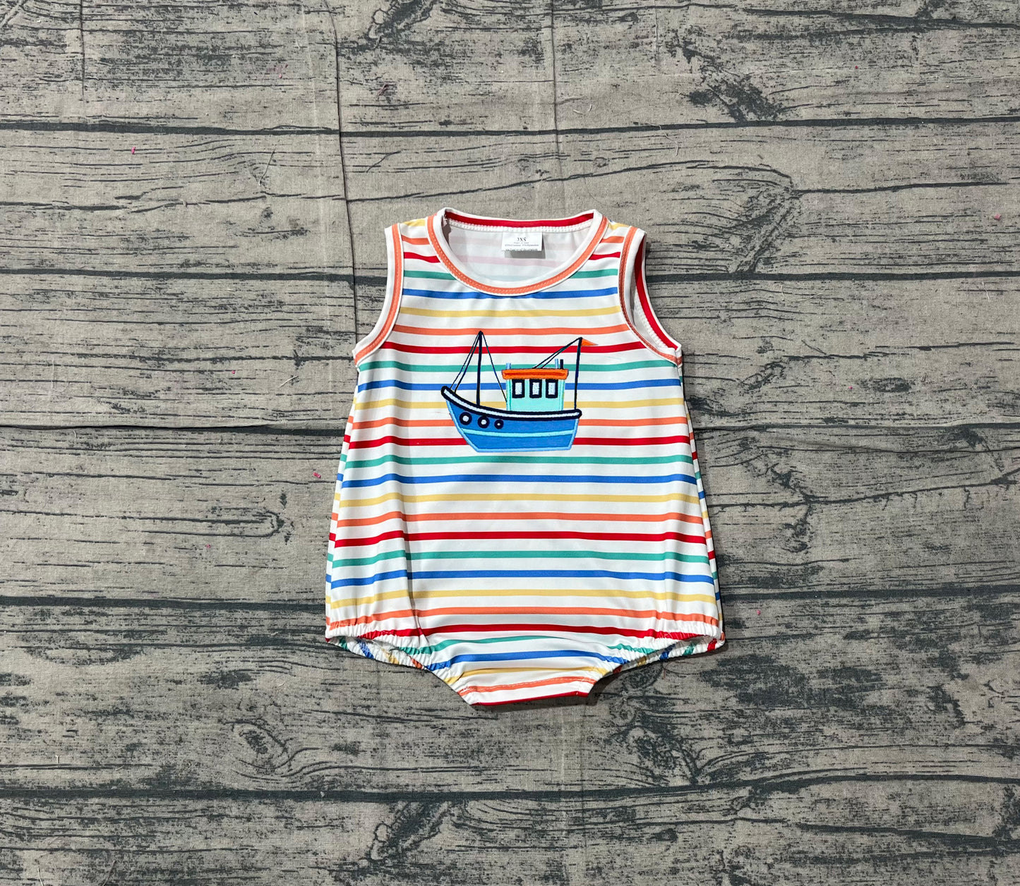 12.10 SR3733 Sample No Moq Embroidery Boats Baby Boys Sleeveless Colorful Stripe Rompers