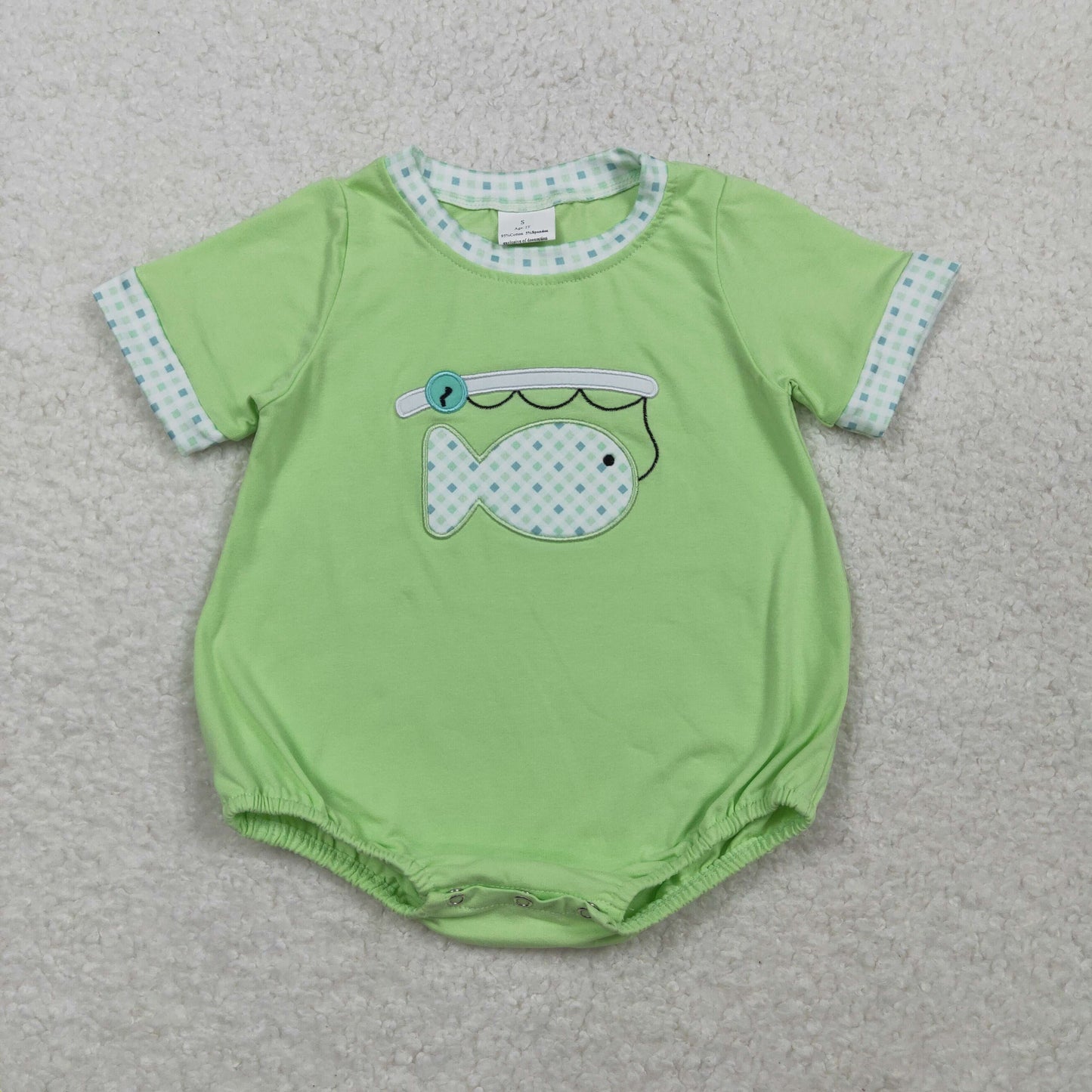 3.3 RTS NO MOQ (In stock)SR3750 Children's Fashion Romper Embroidery Fishes Baby Boys Green Short Sleeve Hunting Rompers