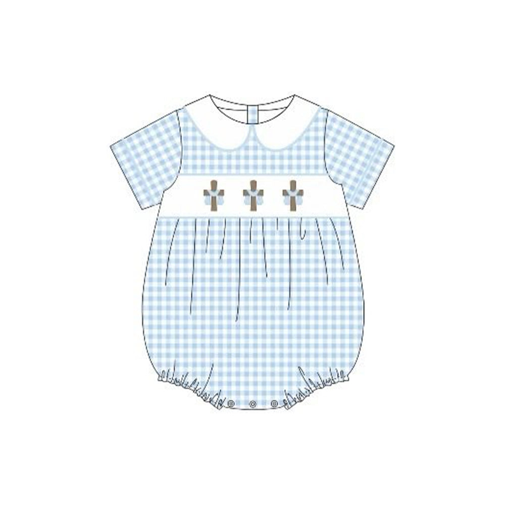 12.6 SR3757 Baby Boys Blue Checked Crosses Easter Collar Rompers