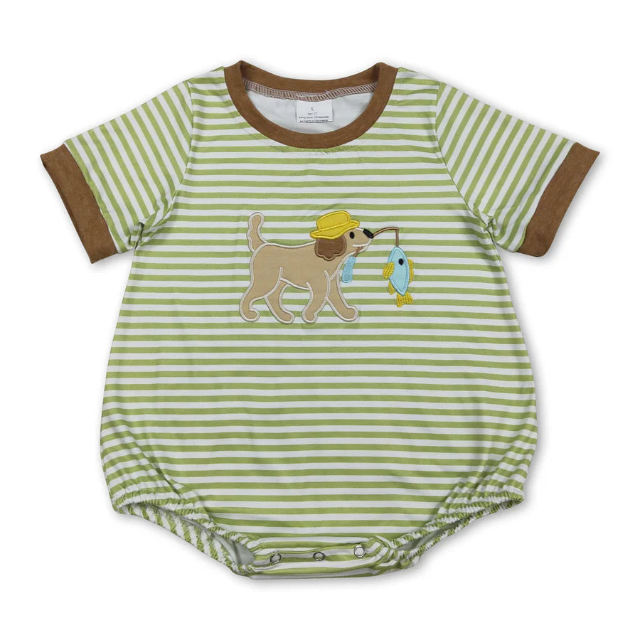 RTS Sibling Stripe dog fishing embroidery top shorts kids boys outfits and romper
