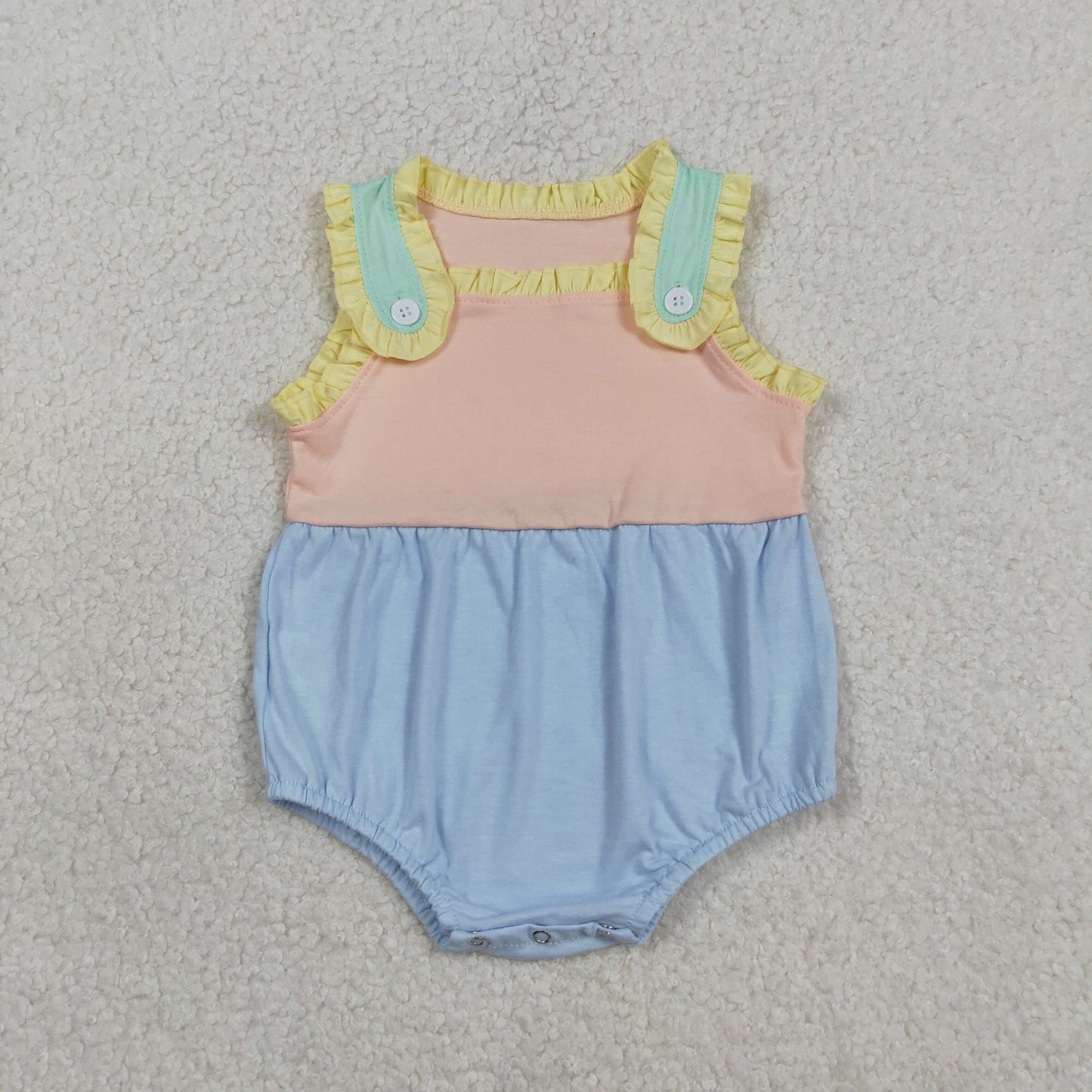3.9 RTS NO MOQ (In stock)SR3772 Children's Fashion Romper Baby Girls Sleeveless Pink Blue Patchwork Ruffle Rompers