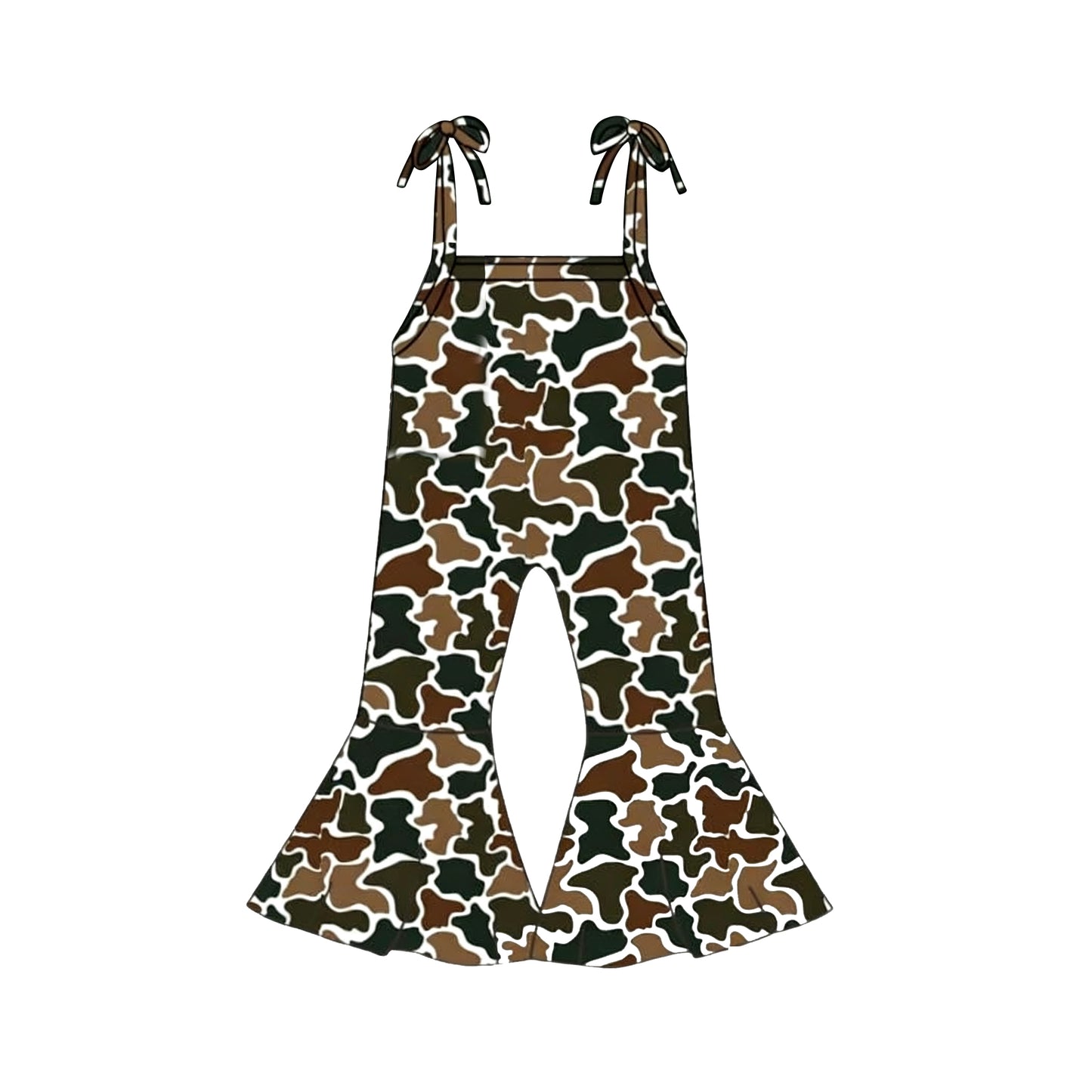 12.9 SR3776 Pre order No Moq Baby Girls Strap Southern Dark Brown Camo Bell Bottom Pants Jumpsuits