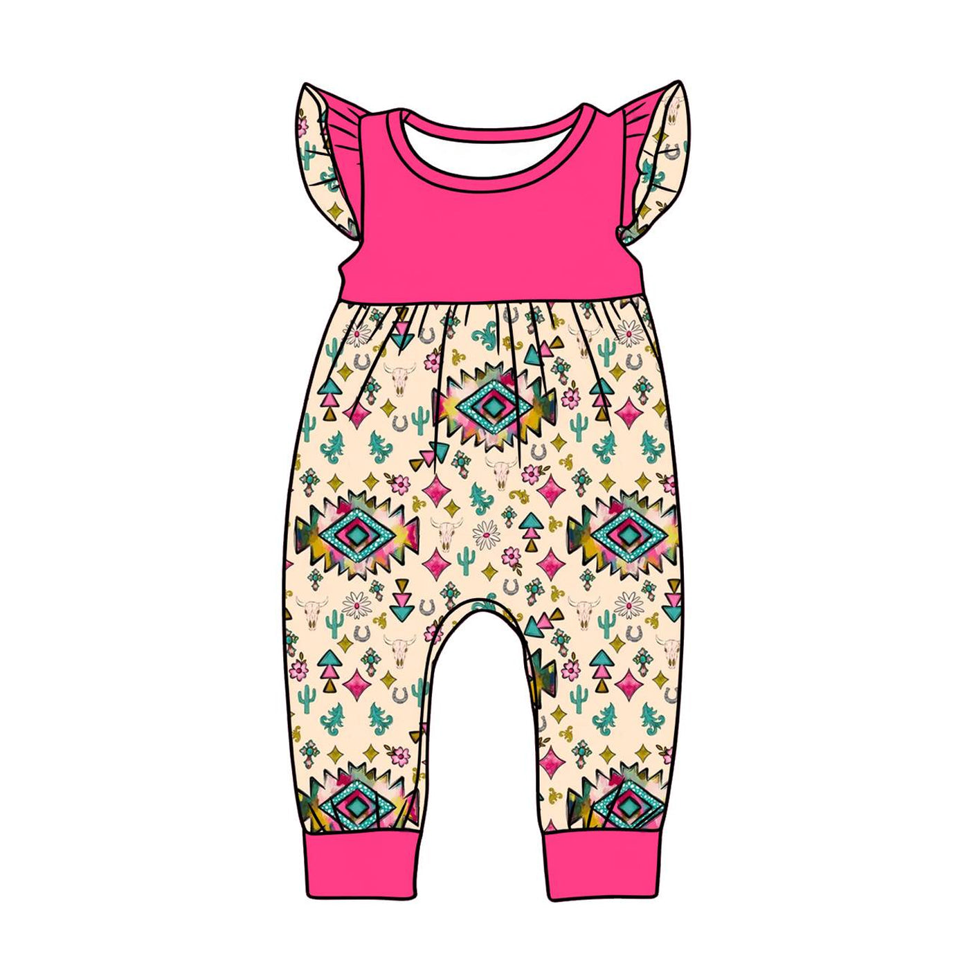 12.10 SR3782 Pre Order No moq Baby Girls Flutter Sleeve Flowers Aztec Western Footie Rompers