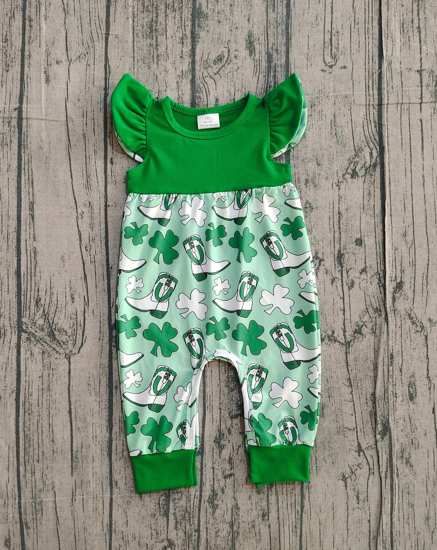 12.23 SR3783 Sample No Moq Baby Girls Flutter Sleeve Clovers Boots St Patrick Footie Rompers