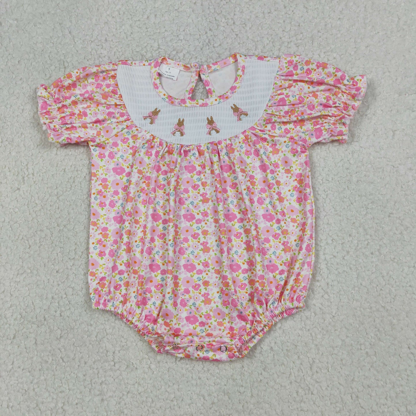 4.1 RTS Sibling Short sleeves pink floral rabbit smocked girl Easter dress