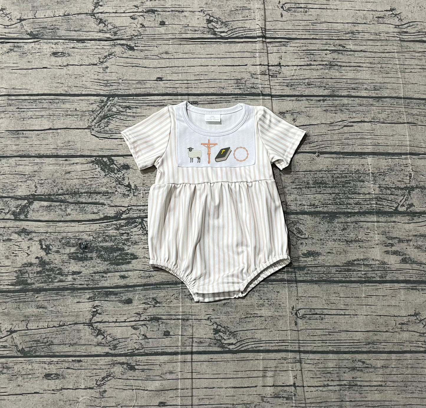 1.16 SR3802 Sample No Moq Embroidery Cross Baby Boys Grey Stripe Easter Romper