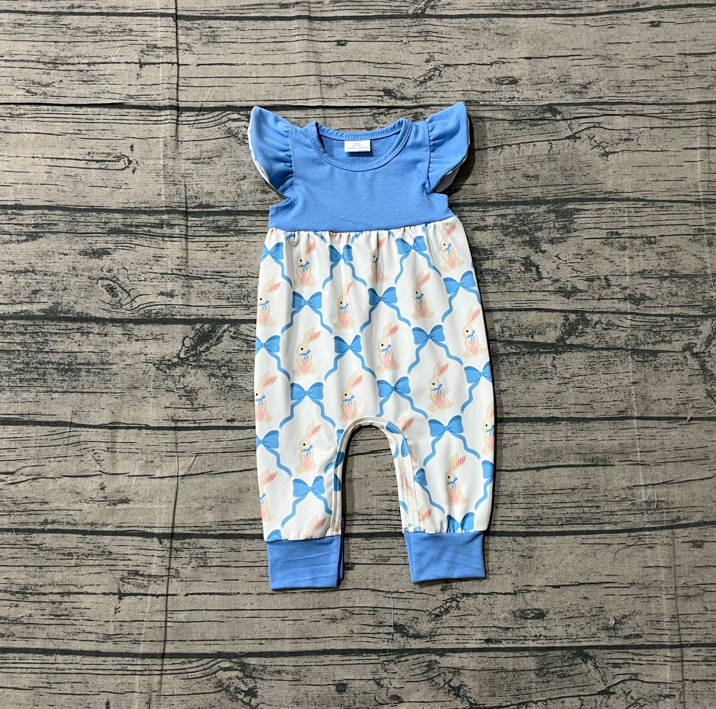 12.20 SR3806 Sample No Moq Baby Girls Flutter Sleeve Bows Rabbits Checked Easter Footie Rompers