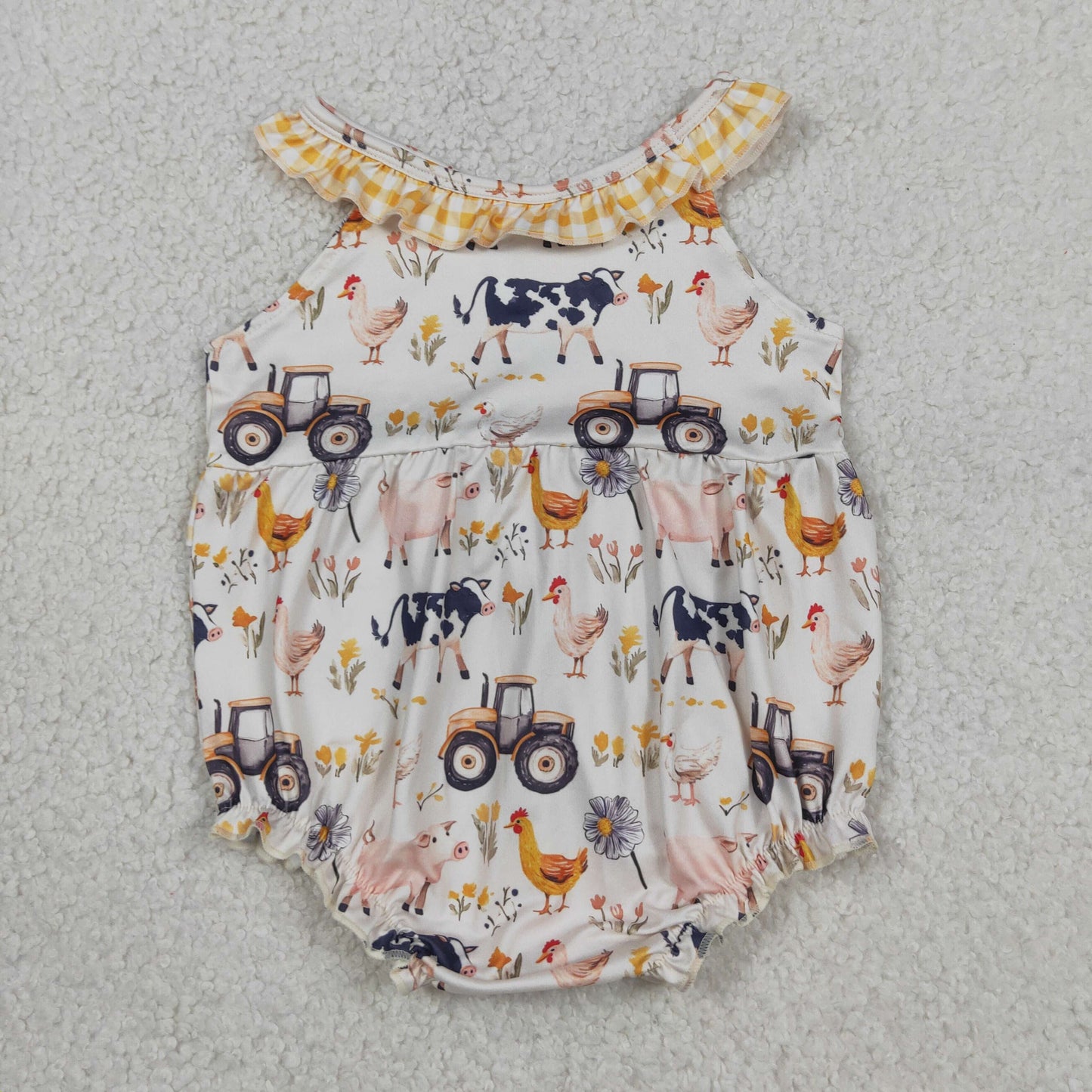 SR3848 RTS NO MOQ (In stock)Yellow plaid ruffle sleeveless farm baby girls romper