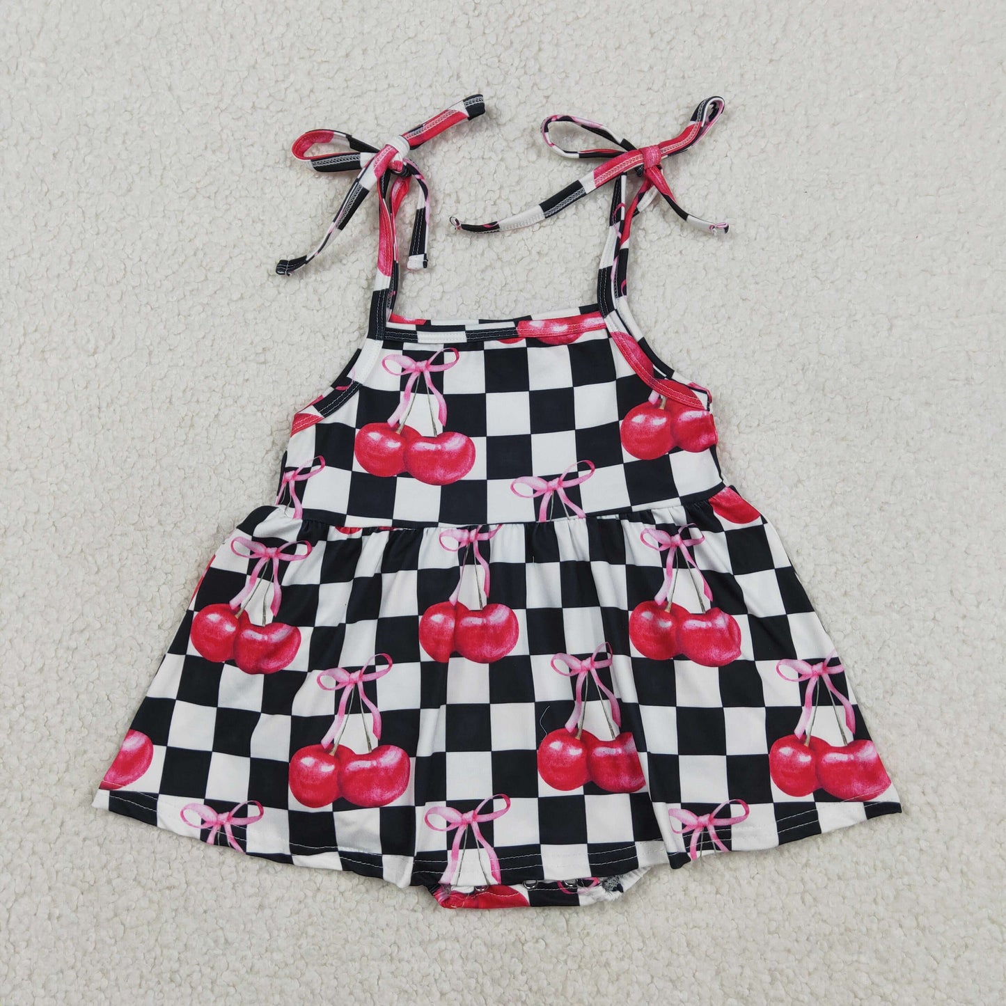RTS Sibling Short sleeves black plaid cherry top shorts girls outfits and romper