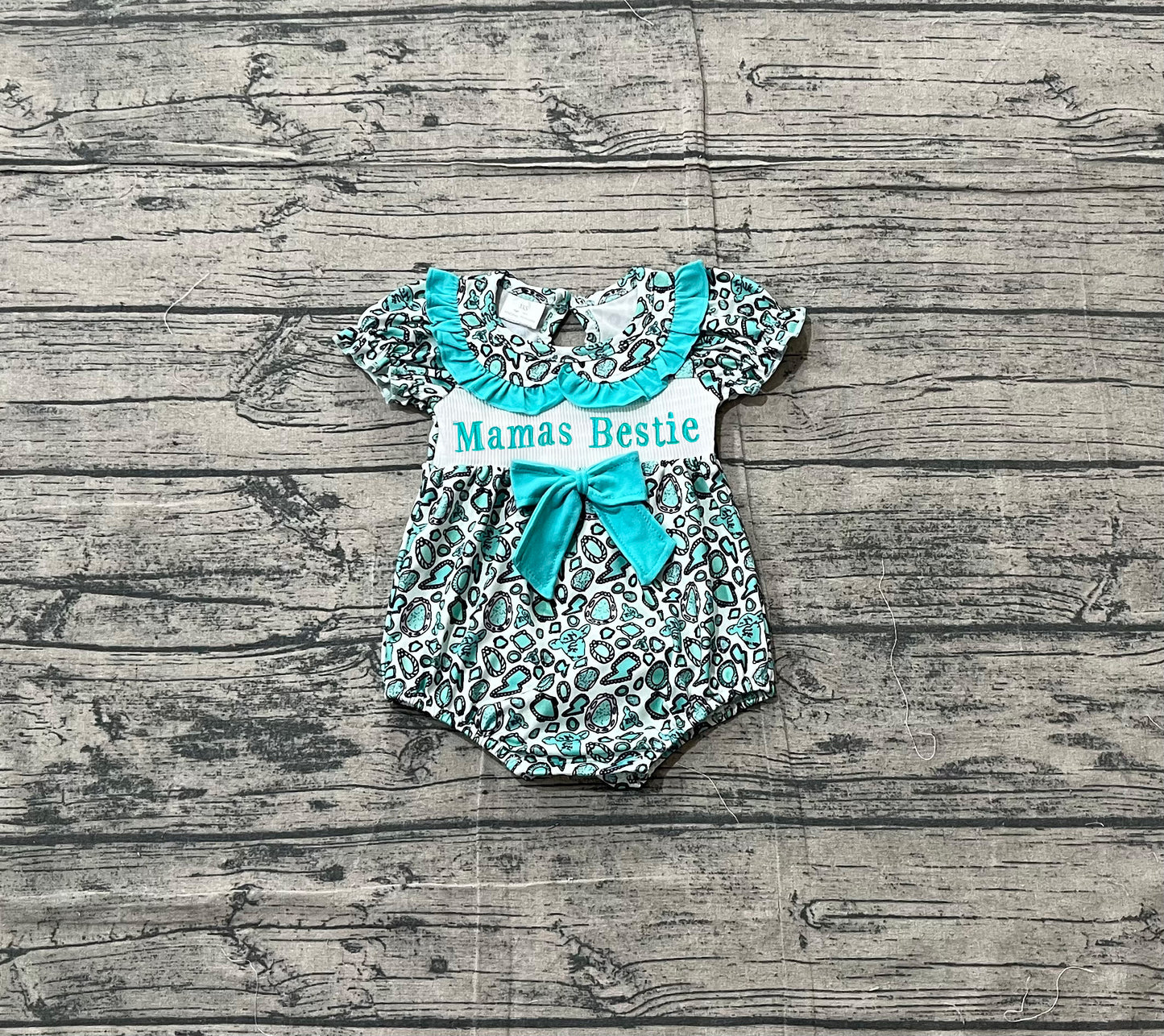 1.5 SR3863 Sample No Moq Baby Girls Mama's Bestie Turquoises Collar Western Ruffle Rompers
