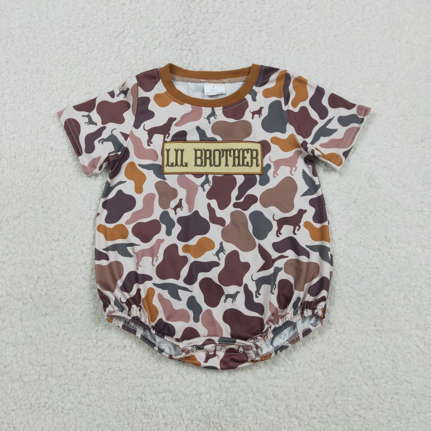 1.2 RTS NO MOQ (In stock)SR3865 Embroidery LIL Brother Baby Boys Hunting Dog Ducks Camo Rompers