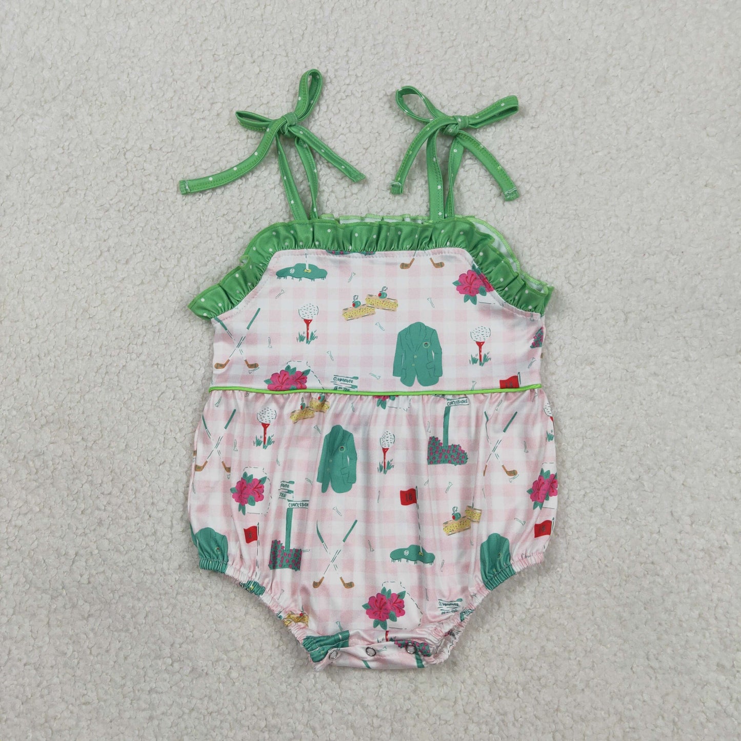 1.26 RTS NO MOQ (In stock)SR3868 Baby Girls Strap Pink Checked Golf Flags Ruffle Rompers