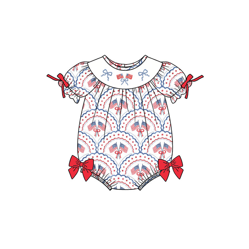 1.5 SR3887 Pre Order No moq Baby Girls Bows Flags Checked 4th of July Ruffle Rompers