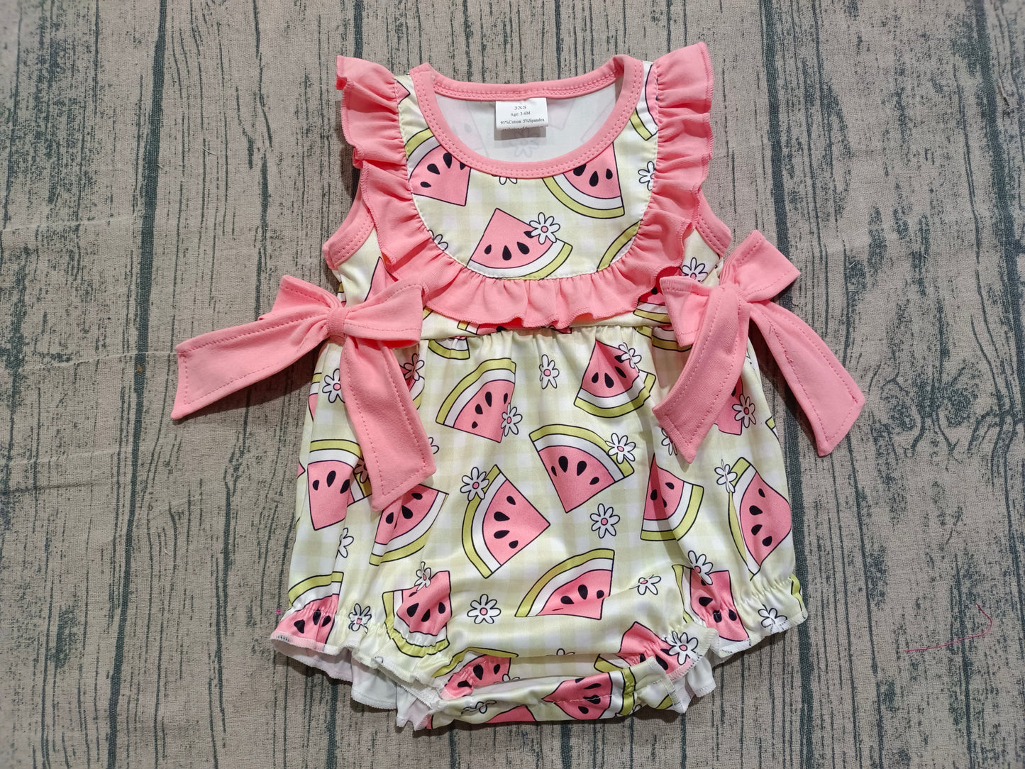 1.21 SR3920 Sample No Moq Baby Girls Pink Checked Watermelons Ruffle Rompers