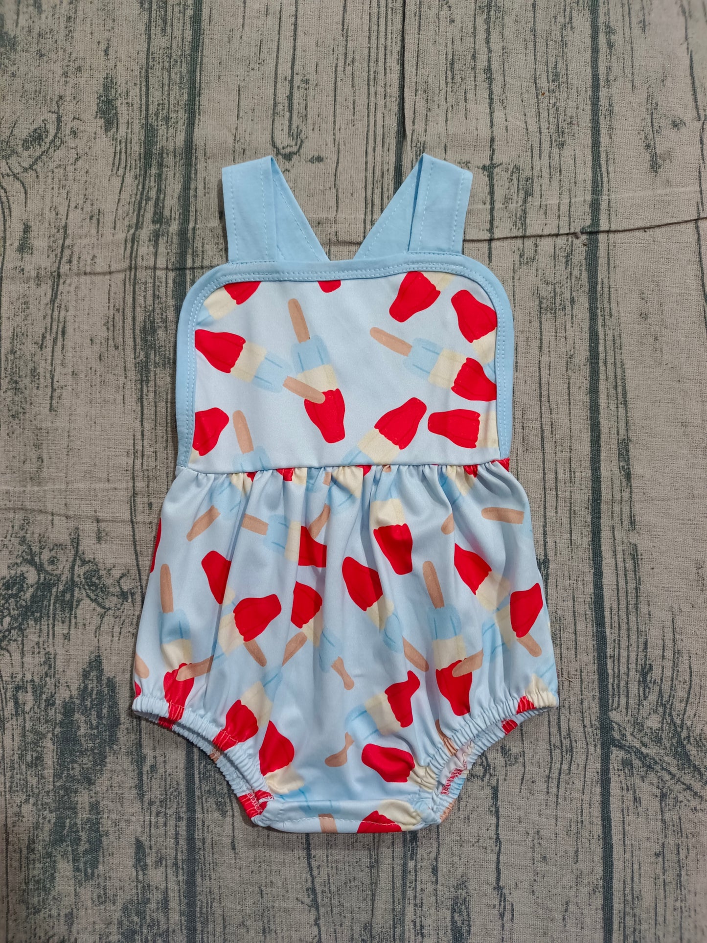 1.9 SR3923 Sample No Moq Baby Boys Blue Strap Popsicle 4th of July Rompers