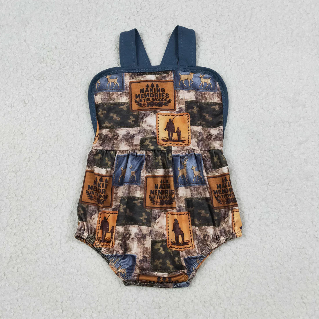 3.26 RTS Sibling Baby Boys Deer Camo Checked Top Pockets Short Hunting Clothes Set Rompers