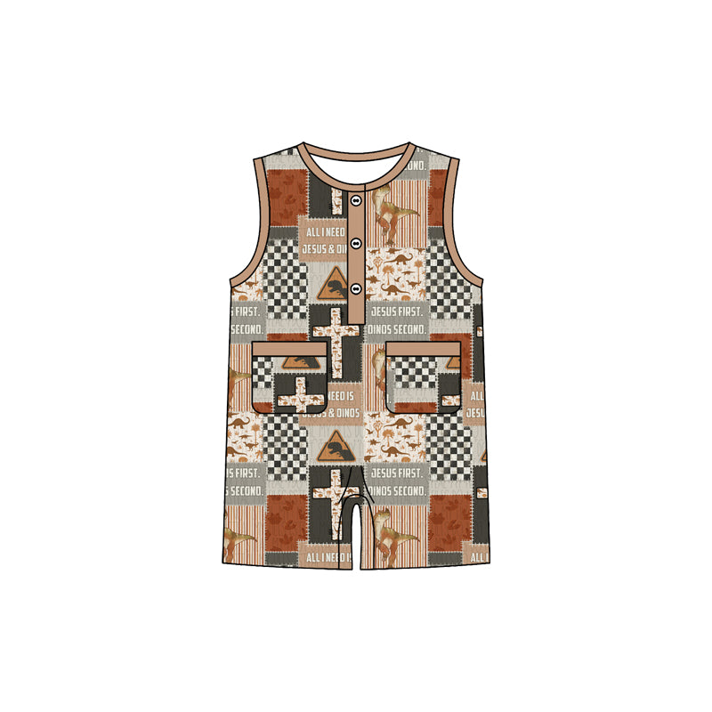 1.8 SR3948 Pre Order No moq Baby Boys Dinosaurs Checked Button Pockets Hunting Rompers