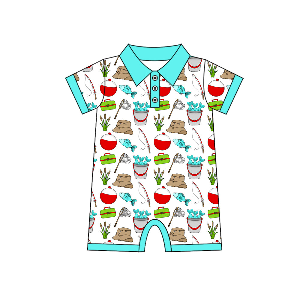 1.9 SR3950 Pre Order No moq Baby Boys Short Sleeve Button Fishing Hunting Rompers