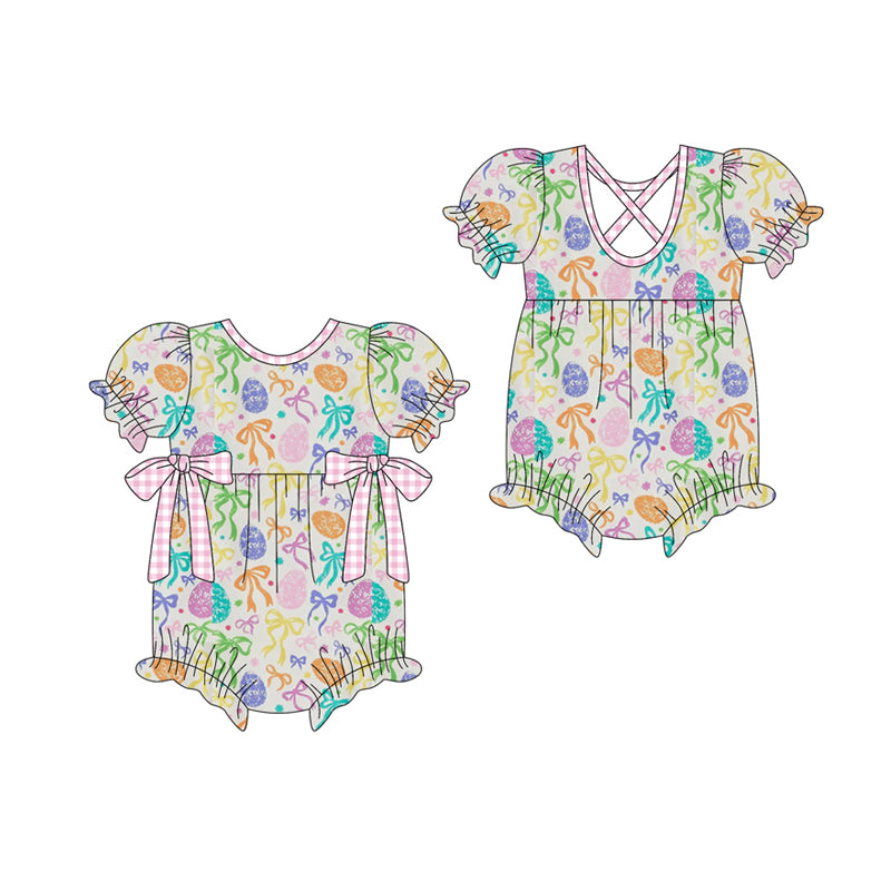 1.14 SR3968 Pre Order No moq Baby Girls Colorful Bows Eggs Easter Ruffle Rompers