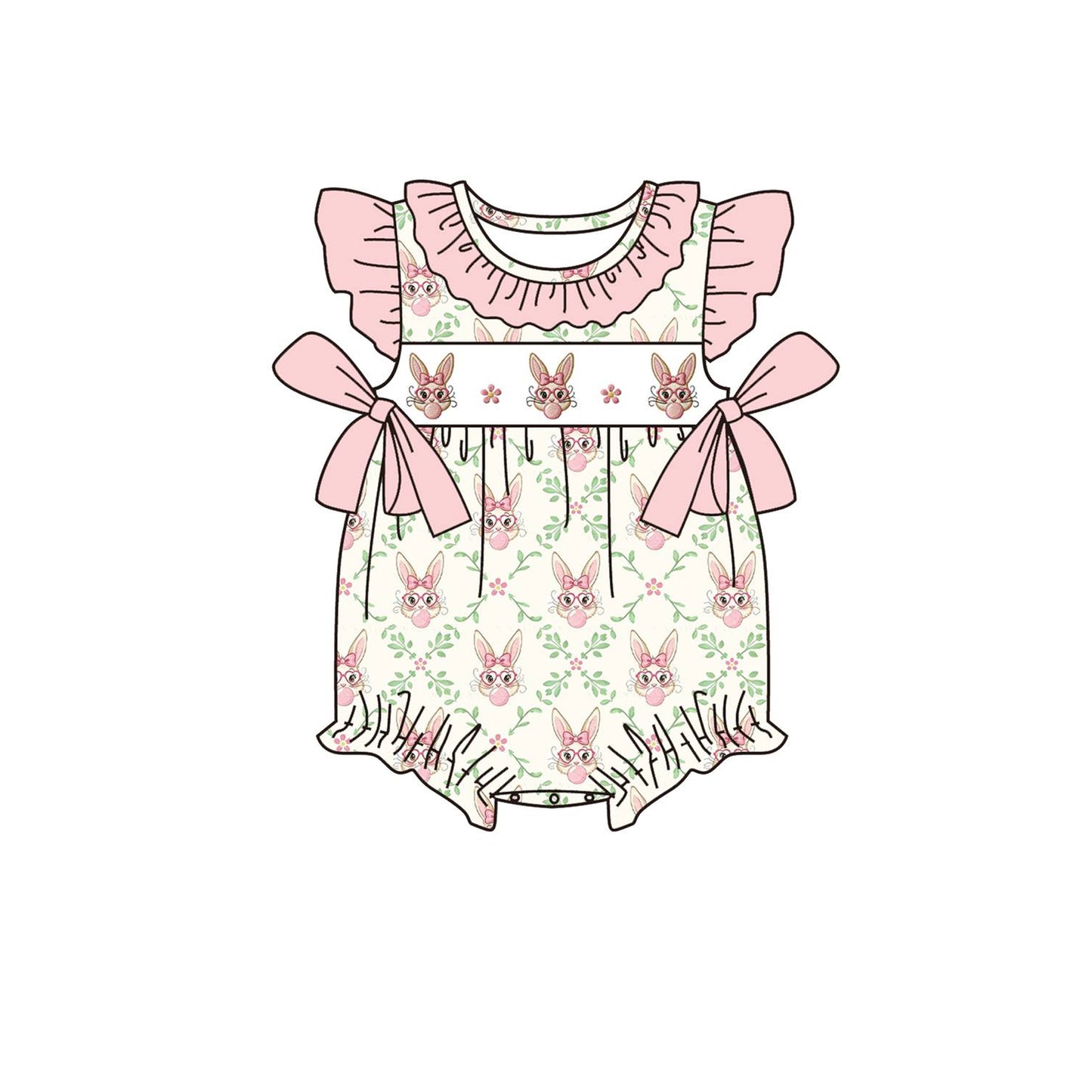 1.14 SR3970 Pre Order No moq Baby Girls Flowers Rabbits Checked Easter Ruffle Rompers