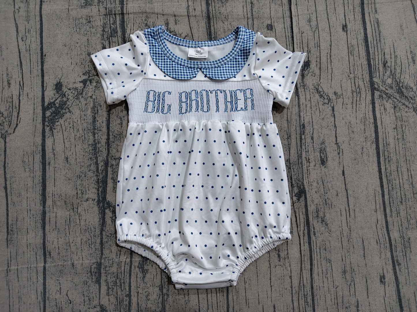 4.1 SR3980 Sample No Moq Smocked Big Brother Short Sleeve Polka Dots Collar Rompers Preorder