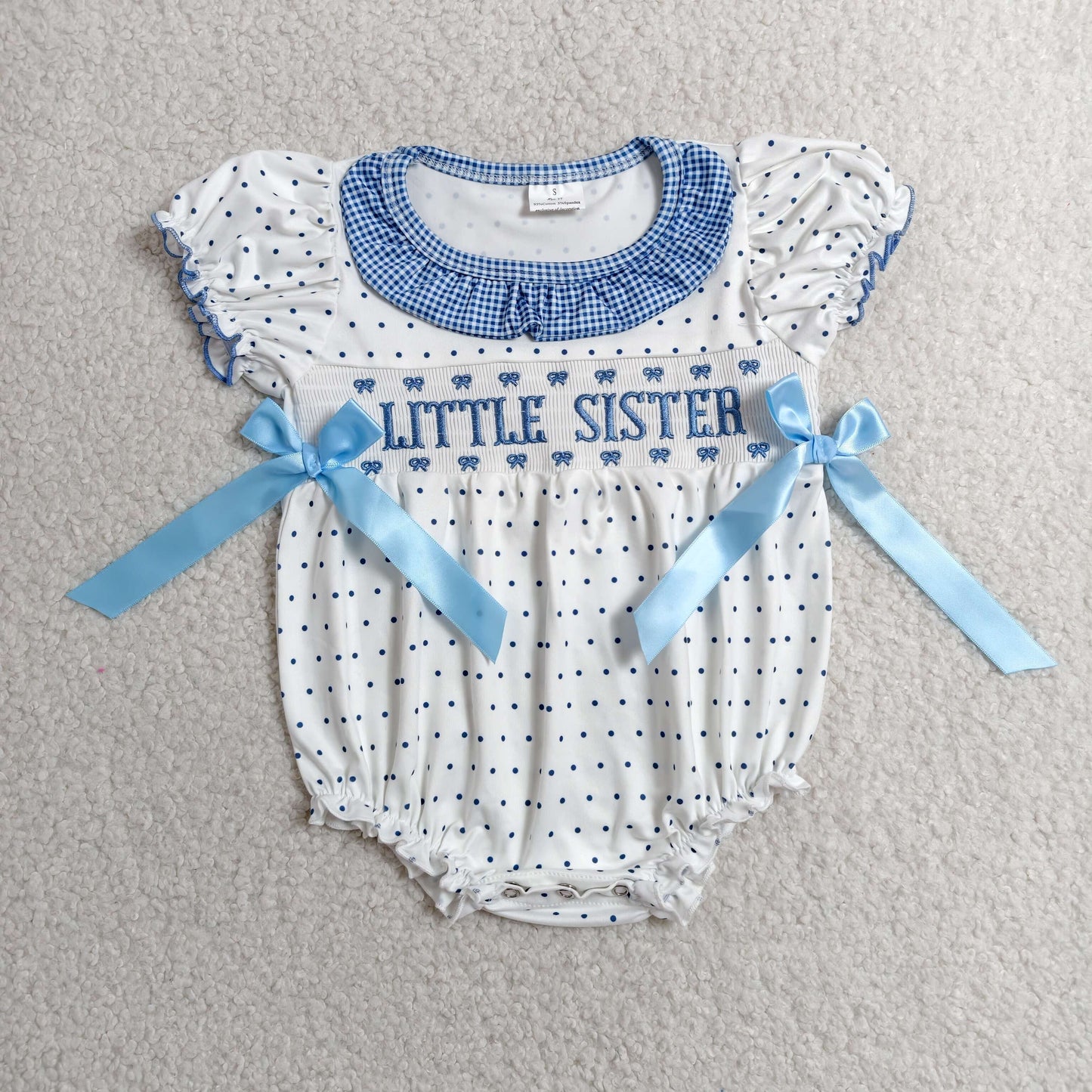SR3981 RTS NO MOQ (In stock)Short sleeves polka dots little sister smocked baby girl romper