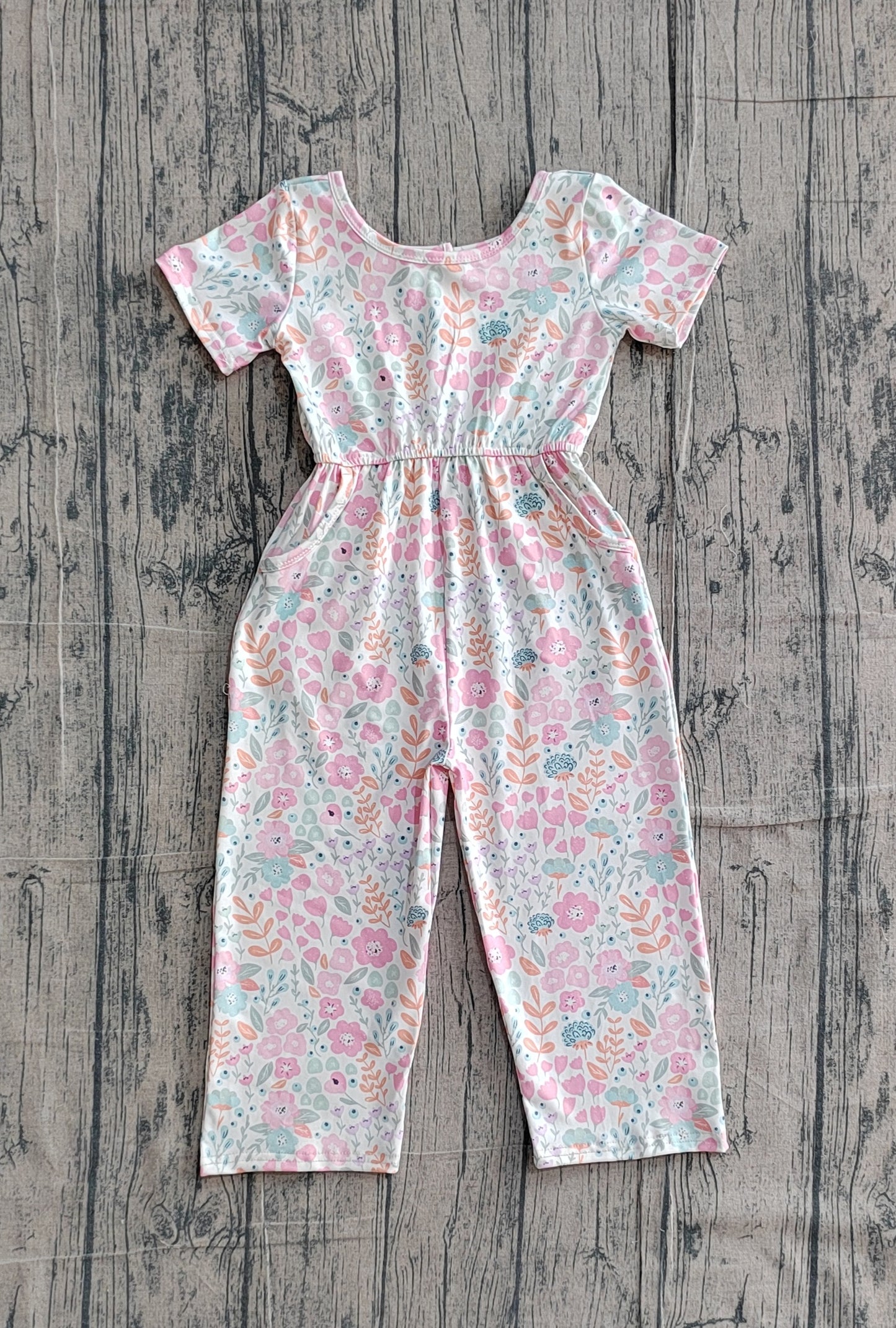 3.10 SR3987 Sample No Moq Baby Girls Summer Short Sleeve Pink Flowers Pockets Jumpsuits