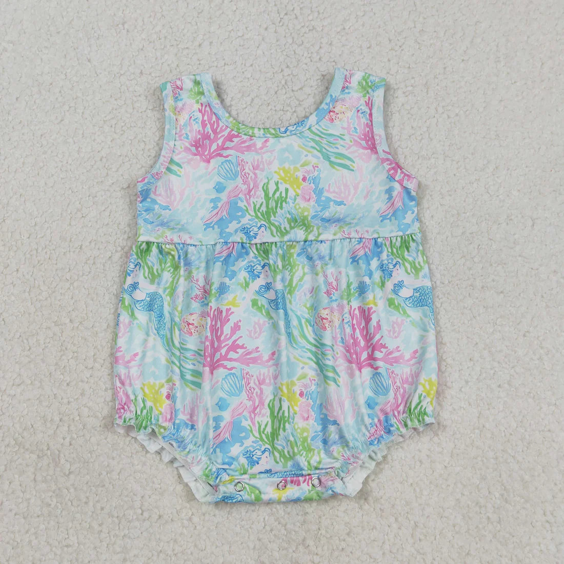 3.26 RTS Sibling Baby Girls Sleeveless Colorful Sea Plants Knee Length Dress Rompers