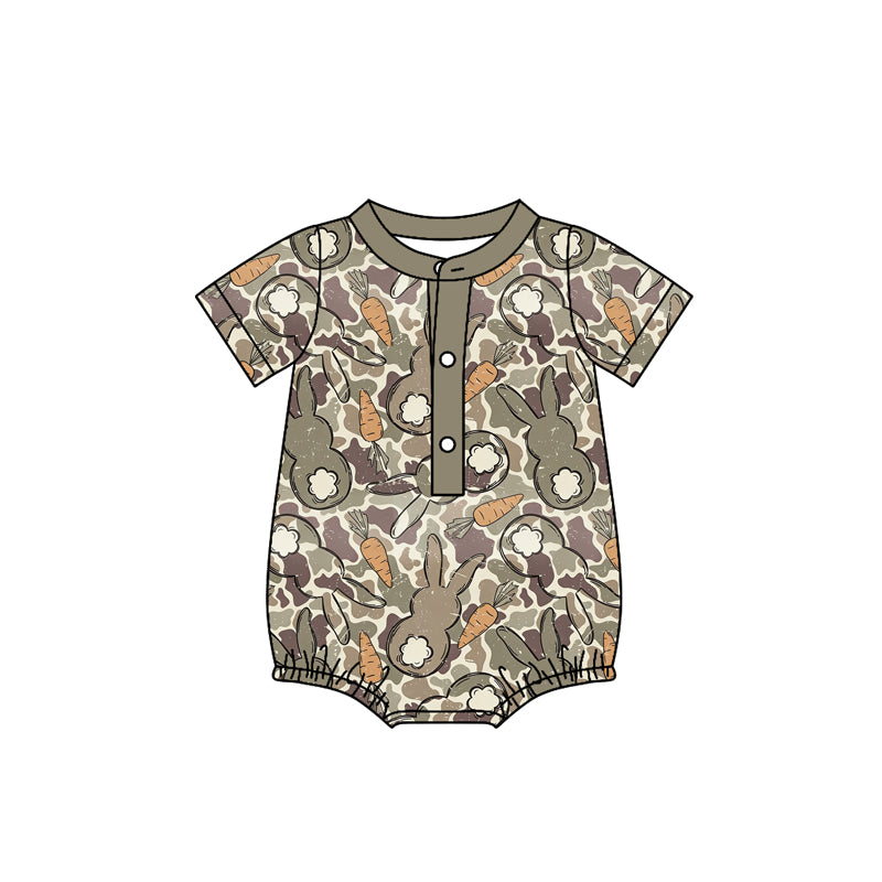 1.20 SR4009 Pre Order No moq Baby Boys Camo Rabbits Carrots Easter Button Rompers