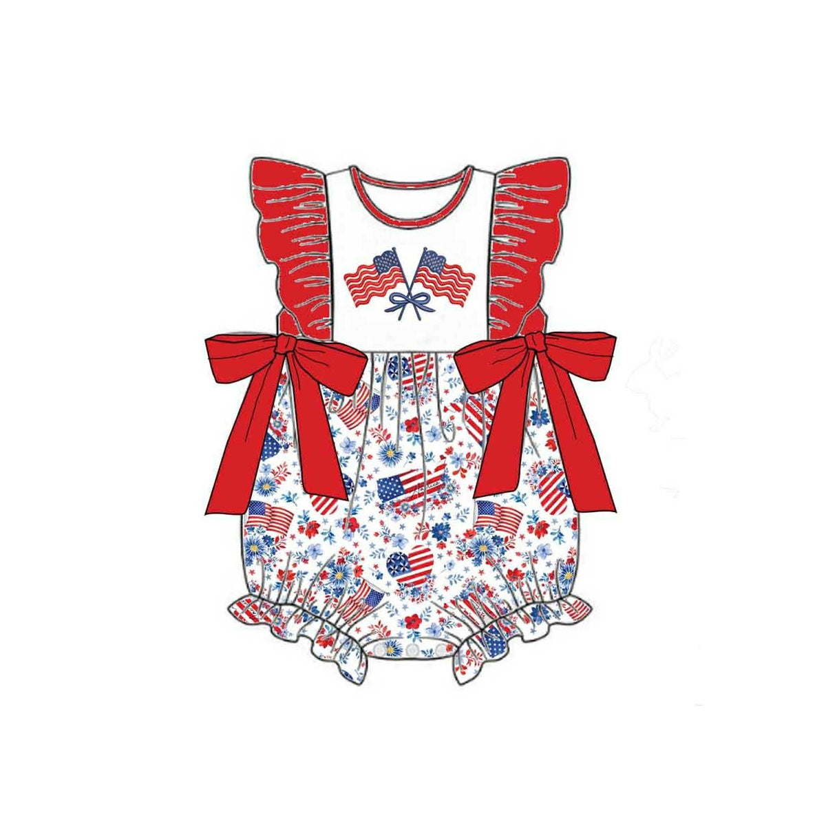2.4 SR4050 Pre Order No moq Baby Girls Flutter Sleeve Bows Flags 4th of July Ruffle Rompers