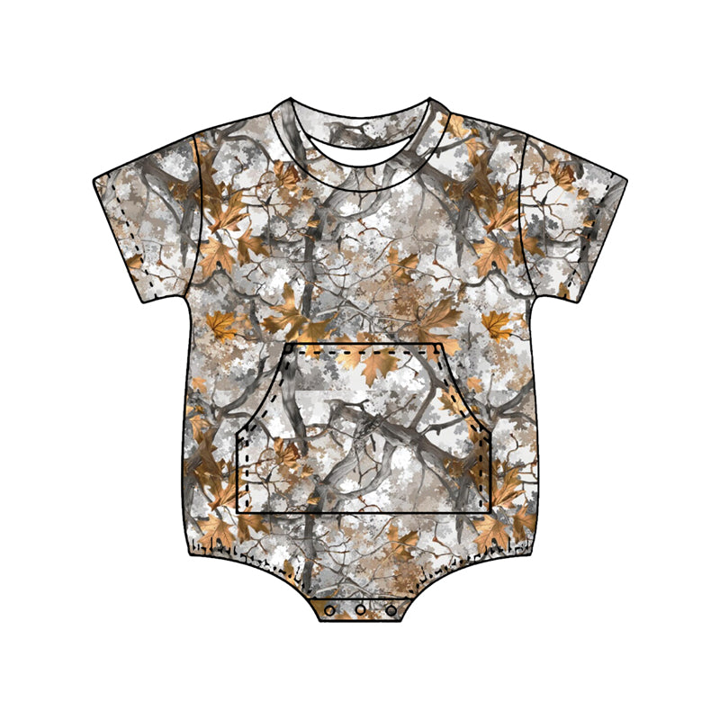 2.7 SR4058 Pre Order No moq Baby Boys Short Sleeve Southern Leaves Camo Pockets Rompers