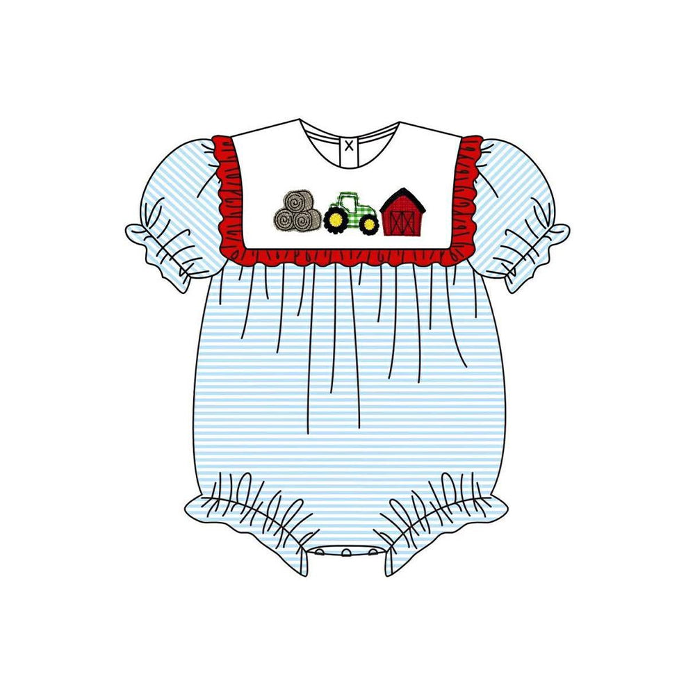 2.27 SR4074 Pre Order No moq Baby Girls Farm Truck House Stripe Ruffle Rompers