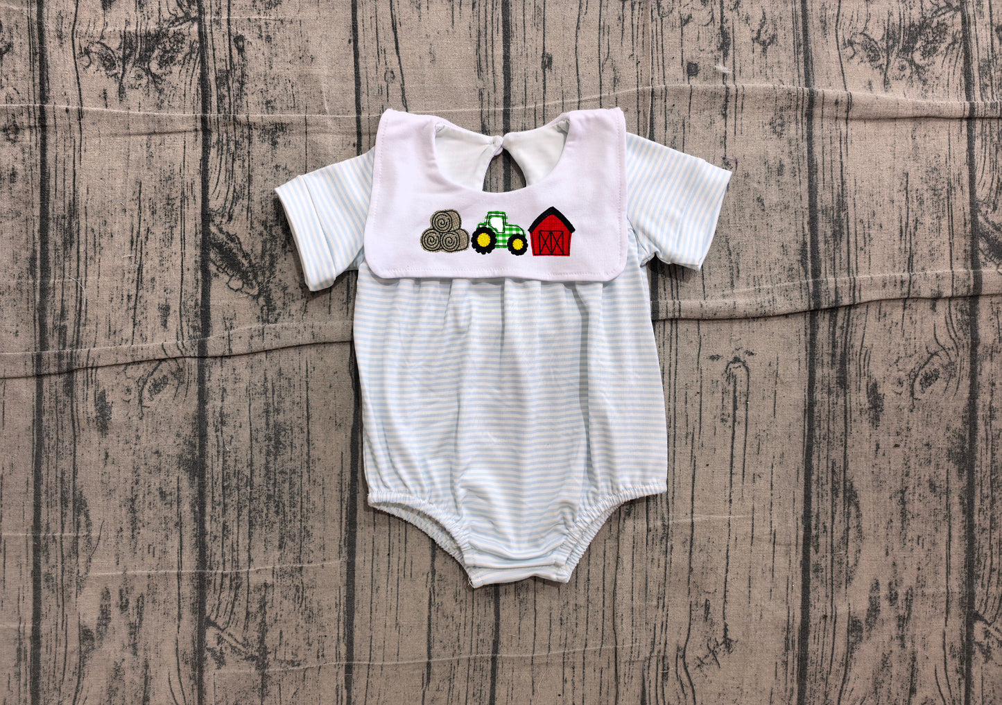 6.10 SR4075 Sample No Moq Embroidery Truck House Baby Boys Farm Stripe Rompers
