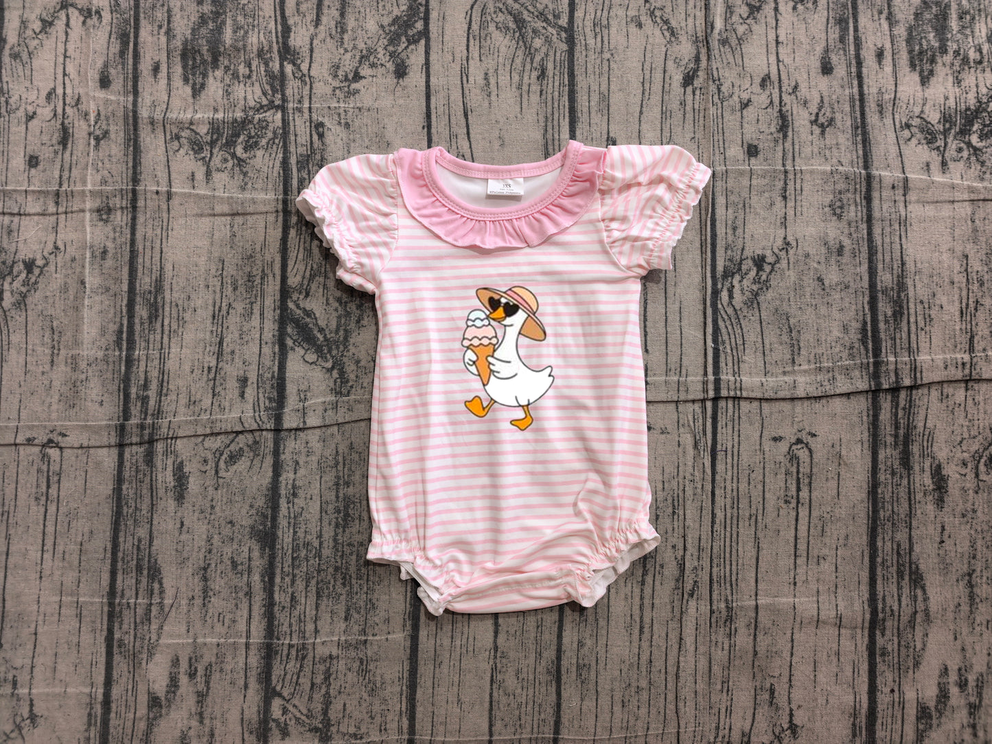6.10 SR4101 Sample No Moq Embroidery Ice Cream Gooses Baby Girls Pink Stripe Ruffle Rompers