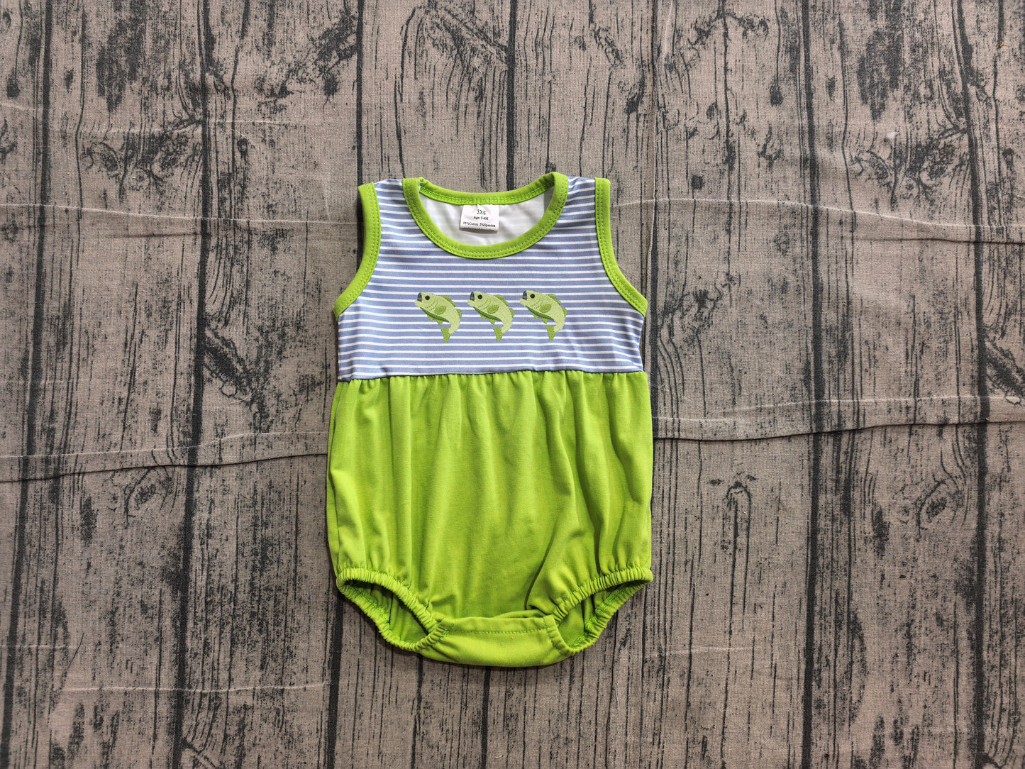 6.10 SR4139 Sample No Moq Embroidery Fishes Baby Boys Sleeveless Fishing Hunting Stripe Rompers