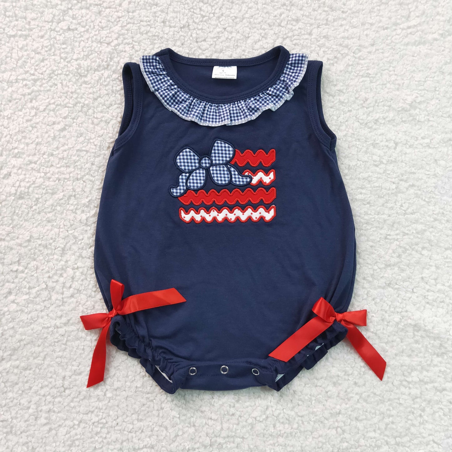 7.4 SR4152 RTS NO MOQ (In stock)Baby Girls Sleeveless Red Blue Bows Flags 4th of July Ruffle Romper