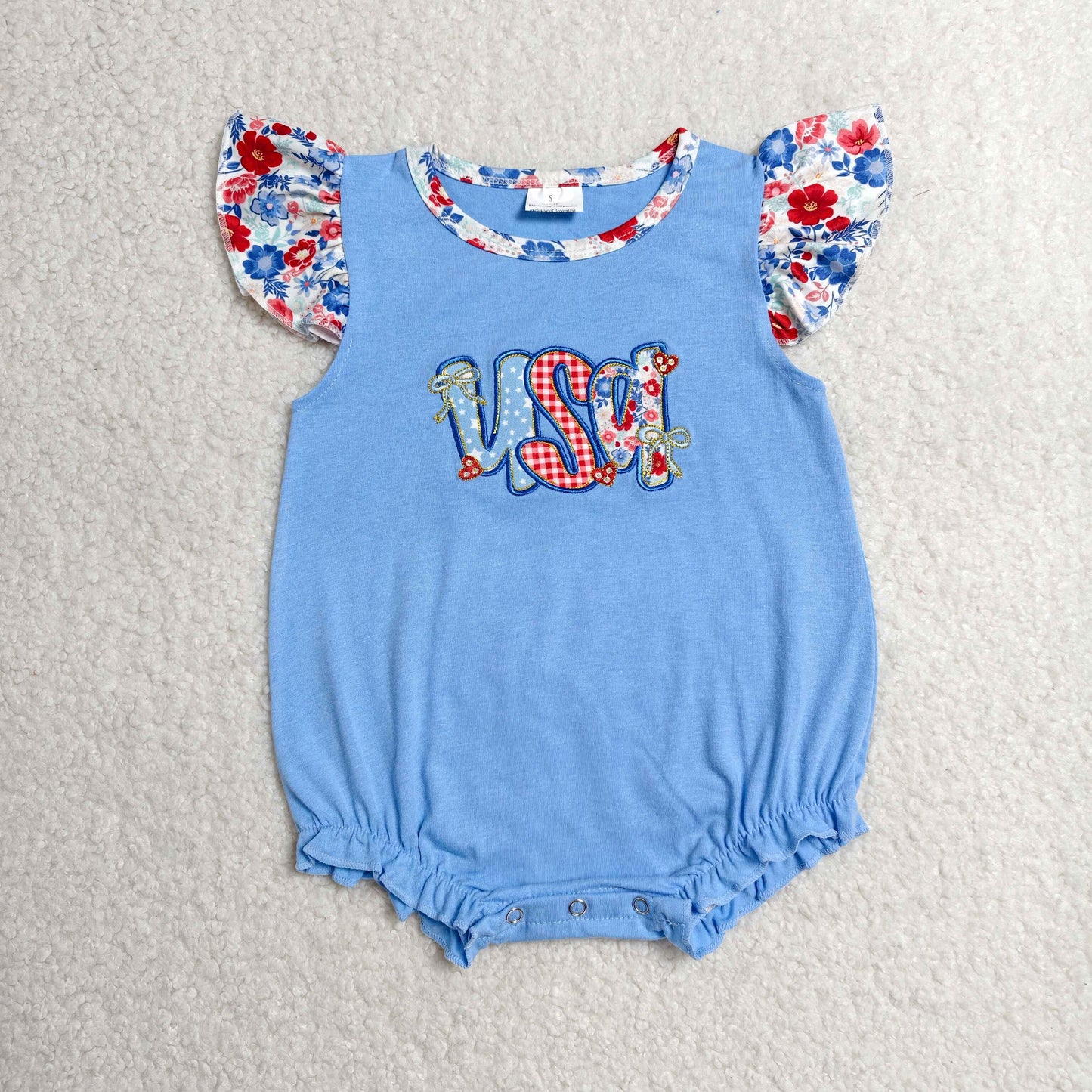 SR4186 RTS NO MOQ (In stock)Embroidery USA Baby Girls Flutter Sleeve 4th of July Ruffle Rompers