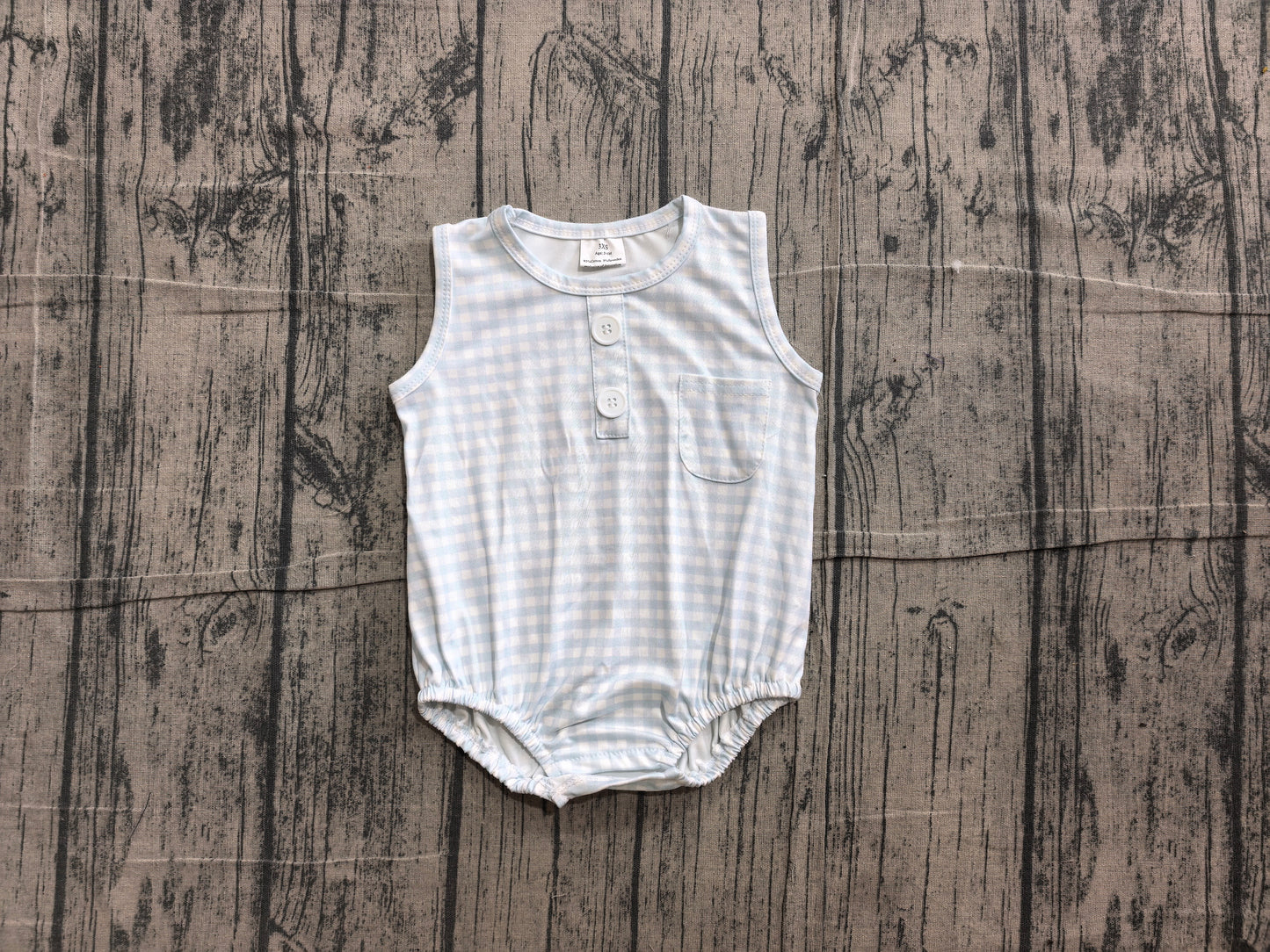 6.10 SR4232 Sample No Moq Baby Kids Sleeveless Light Blue Checked Button Pocket Rompers